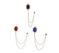 LIFKOME 3pcs Men’s Suit Brooches with Gemstone Tassel Chains, Lapel Pins Collar Pins for Formal Shirts and Tuxedos, Blue Black and Gold Red Stone Accessories for Business and Party