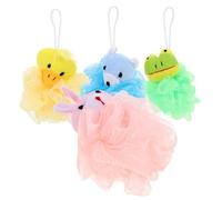 LIFKOME 4pcs Soft Bath Loofah for Cartoon Animal Body Wash Sponge with Skin-Friendly Mesh Gentle Shower Scrubber for Duck Rabbit Frog Bear Designs