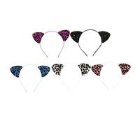 LIFKOME 5pcs Cat Ear Headbands Glitter Leopard Pattern Lightweight Party Hair Hoops for Women Comfortable Fashion Accessories in Purple Blue Black Silver Pink