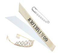 LIFKOME 60th Birthday Sash Pin Rhinestone Crown Set for Women Birthday Tiara and Sash Kit
