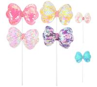 LIFKOME 6pcs Sequin Bowknot Cupcake Toppers Double-layer Glitter Bow Cake Picks for Birthday Party and Hawaiian Theme Decorations Random Color