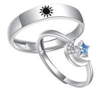 LIFKOME Adjustable Sun and Moon Couple Rings with Blue Zircon Bands Romantic Lover Jewelry Gift for Him and Her Daily Wear Valentine S Day Accessory