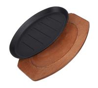 LIFKOME Cast Iron Skillet Steak Grill Plate with Wooden Base Striped Teppanyaki Griddle for Even Heat Distribution Quick Cooking Authentic Grill Marks for Home BBQ and Party Serving