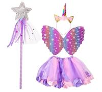 LIFKOME Fairy Costume with Rainbow Tulle Skirt Lightweight Butterfly Wings Unicorn Headband Wand for Stage Performance Cosplay Party Dress-up