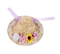LIFKOME Mini Straw Hat for Doll Bohemian Style Small Cowboy Sombrero with Purple Bow and Flower Accents Straw Craft Accessory for DIY Hat Making and Party Decoration