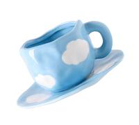 LIFKOME Vintage Ceramic Coffee Mug with Saucer Reusable Cloud Pattern Cup for Coffee Tea Milk Office and Home Use Adorable Hand Painted Blue Sky White