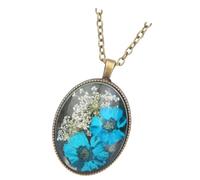 LIFKOME Vintage Dried Flower Necklace with Real Preserved Flowers Adjustable Chain Retro Pendant Jewelry for Women Charming Oval Blue Floral Accessory