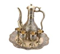 LIFKOME Vintage Turkish Tea Set with Metal Coffee Pot Antique Bronze Finish Wine Jug Cups and Tray Wear-Resistant Embossed Rose Design Elegant Home Bar Party Wedding Drinkware