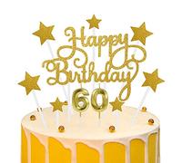 Lifreer 60th Gold Cake Decorations, Happy Birthday Cake Toppers | Stars Topper and 60th Birthday Number Candles for Birthday Party Anniversary Wedding (Glitter Gold)