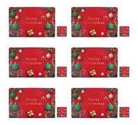 Lifreer Christmas Placemats and Coasters, Set of 12 Heat Resistant PVC Table Mats with Christmas Balls Design, Perfect for Kitchen, Home, Restaurant (Red)