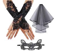 Lifreer Day of the Dead Halloween Costume Set include 1Pair Long Finger Loop Gloves, Black Veil, Lace Mask for Halloween, Bridal Wedding, Party, Celebration