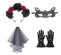 Lifreer Day of the Dead Halloween Costume Set include Headband, Black Veil, Lace Mask, Short Lace Gloves for Halloween Costume Accessory
