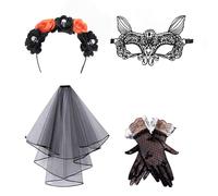 Lifreer Day of The Dead Womens Accessories - Halloween Flower Headband, Black Veil, Lace Eye Mask, Lace Gloves for Halloween Adults Costume Accessory