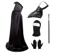 Lifreer Halloween Cosplay Costume Set, Plague Bird Doctor Mask Long Nose Bird Beak Steampunk Masks with Black Gloves, Hooded Cloak, Full Face Mask, Cane for Adults