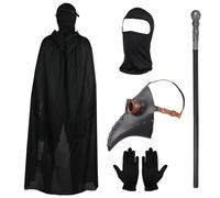 Lifreer Halloween Cosplay Costume Set - Plague Doctor Mask with Long Nose Beak, Black Gloves, Hooded Cloak, Full Face Mask, Cane Masquerade Party Costume Props