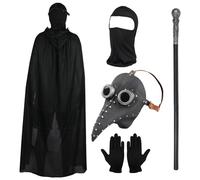 Lifreer Plague Doctor Costume Set, Plague Bird Doctor Mask Long Nose Bird Beak Steampunk Masks with Black Gloves, Hooded Cloak, Full Face Mask, Cane for Adults