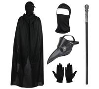 Lifreer Plague Doctor Costume Set, Plague Doctor Mask Long Nose Bird Beak Steampunk Masks with Black Gloves, Hooded Cloak, Full Face Mask, Cane for Halloween Cosplay