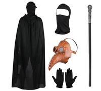 Lifreer Plague Doctor Mask Long Nose Bird Beak Mask with Black Gloves, Hooded Cloak, Full Face Mask, Cane Halloween Cosplay Party Props Costume
