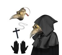 Lifreer Plague Doctor Mask, Steampunk Bird Costume for Men, Adult Halloween Mask with Gloves & Hooded Cloak Cape for Gothic Props, Gold