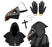 Lifreer Plague Doctor Mask - Steampunk Bird Mask Costume for Adults, Black & Orange with Gloves & Hooded Cloak Cape for Gothic Halloween