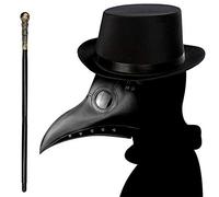 Lifreer Plague Doctor Mask + Top Hat + Handheld Cane, Halloween Cosplay Costume Props,Black,M