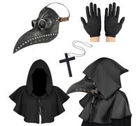 Lifreer Plague Doctors Mask, Halloween Costume for Men, Plague Doctor Costume Steampunk Bird Mask for Adult, Black Sliver Halloween Mask with Gloves & Hooded Cloak Cape for Gothic Halloween Costume