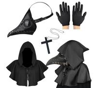 Lifreer Plague Doctors Mask, Halloween Costume for Men, Plague Doctor Costume Steampunk Bird Mask for Adult, Black Rivets Halloween Mask with Gloves & Hooded Cloak Cape for Gothic Halloween Costume