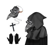 Lifreer Plague Doctors Mask, Halloween Costume for Men, Steampunk Bird Mask Plague Doctor Costume for Adult, Black Silver Halloween Mask with Gloves & Hooded Cloak Cape for Gothic Halloween Costume