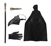 Lifreer Plague Doctors Mask, Retro Rivet Bird Mask Beak Steampunk Mask Halloween Mask Masquerade Halloween Costume Props with Black Gloves, Cane, Hooded Cloak Cape