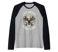 Lift Heavy Pray Hard Bald Eagle Christian Barbell Gym Raglan Baseball Tee