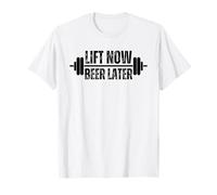 Lift now Beer Later funny gym workout saying barbell T-Shirt