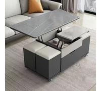 Lift Top Coffee Table With 4 Seats Set, Rock Board Coffee Table, 3 In 1 Multi-Function Center Table, Double Side Storage Cabinets, Convertible Coffee Table To Dining Table for Living Room