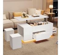 Lift-Top Coffee Table with App-Controlled LED, Sleek White Center Table with 2 Storage Ottomans, 100L x 50W x 45H cm, White Aosom UK