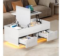 Lift-Top Coffee Table with App-Controlled RGB LED Lights, High-Gloss Center Table with Hidden Compartment, 100L x 45W x 43H cm, White Aosom UK
