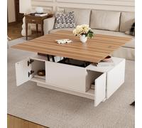 Lift-up Coffee Table with Hidden Storage and Dual Liftable Tops, Space-saving Centre Table for Dining, 100L x 50W x 55.5H cm, White+Natural Aosom UK