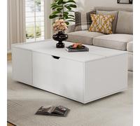 Lift Up Coffee Table with Hydraulic Mechanism, Hidden Storage, Wooden Tea Table with Sliding Door and Drawer, 117L x 65W x 43H cm, White Aosom UK