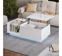 Lift-Up Coffee Table with Space-Saving Hidden and Open Storage, Desk with LED App-Controlled Lighting, 100L x 50W x 33H cm, White Aosom UK