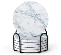 LIFVER Coasters Set of 6 - White Marble Style Ceramic Round Coasters with Cork Base and Holder for Women Men for Various Cups, Tables & Home Decor - 4 ''