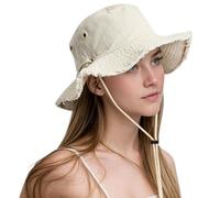 lifwimner Bucket Sun Hats for Women UV Protection, Foldable Packable Sun Hats with Frayed Edge Cotton Bucket Hats for Summer Beach Garden Fishing Safari (Beige)