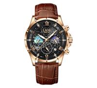 LIGE Men's Watch, Stainless Steel Waterproof Analogue Moon Phase Quartz Men's Watch Chronograph Leather Strap Watches for Men with Date Luminous Men's Wristwatches Business Retro Men's Watches, Gold