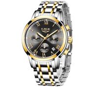 LIGE Mens Watches 3ATM Men's Wrist Analogue Gents,Black Gold Silver
