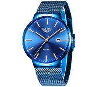 LIGE Mens Watches Quartz Ultra-Thin Stainless Steel Mesh Strap Date Blue