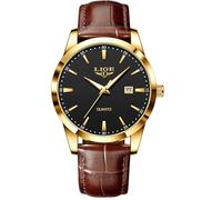 LIGE Mens Watches Waterproof Analogue Gents Vintage Quartz Business Brown Leather Wrist Watch for Men with Date - Suitable as a Gift for Men (Gold Black)