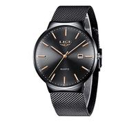 LIGE Mens Watches Waterproof Stainless Steel Fashion Simple Analog Quartz Calendar Black Dial Wrist Watch Black Silver