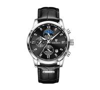 LIGE Men's Waterproof Leather Watch Retro Elegant Analogue Quartz Chronograph Date Moon Phase Luminous Hands Vintage Waterproof Mens Watches, Silver Black