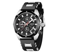 LIGE Men's Wrist Watches Analog Dress Waterproof Work Casual Unique Vintage Chronograph Quartz 3ATM Water Resistant Silicone Strap Luminous Date Elegance Daily Chronograph Watch,Silver Black