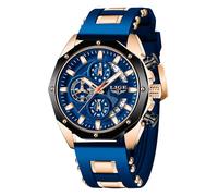 LIGE Men's Wrist Watches Analog Dress Waterproof Work Casual Unique Vintage Chronograph Quartz 3ATM Water Resistant Silicone Strap Luminous Date Elegance Daily Chronograph Watch,Rose Gold Blue