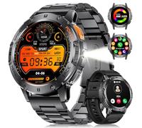 LIGE Military Smart Watch for Men (2 Straps) - LED Flashlight,1.43'' AMOLED Display Fitness Tracker, 24 Hours Heart Rate/Sleep Monitor, 100+ Sports Modes, Smart Watch for iOS Android, Black Steel