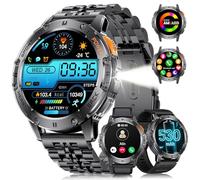 LIGE Military Smart Watch for Men (3 Straps) - LED Flashlight,1.43'' AMOLED Display Fitness Tracker, 24-Hour Health Monitor, 100+ Sports Modes, Smart Watch for iOS Android, Black Leather