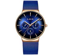 LIGE Watch Men's Busines Waterproof Stainless Steel Mesh Belt Sports Analog Quartz Ultra-Thin Business Casual Blue Dial Bracelet Wristwatch